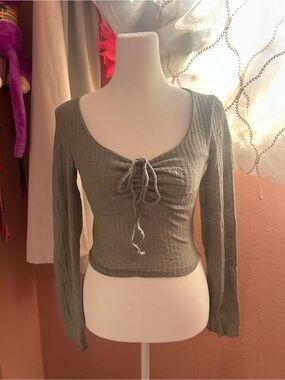 Olive Green Tie-Front Long Sleeve Crop Top